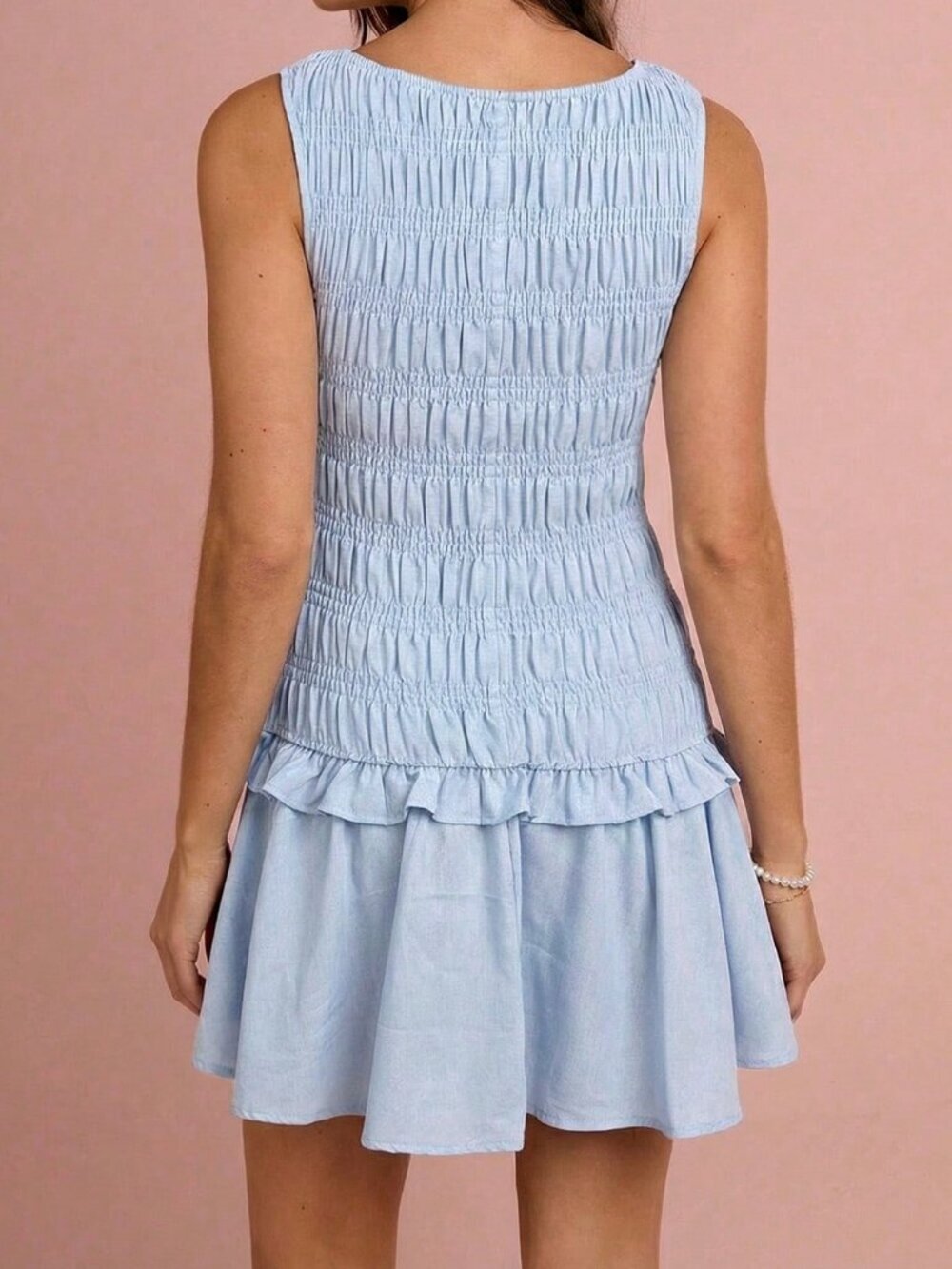 Baby Blue Elegant Women's Round Neck Ruffle Hem Casual Sleeveless Dress - Picture 2 of 5